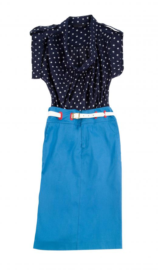 A tailored skirt may have embellishments like an integrated belt or colorful top stitching.