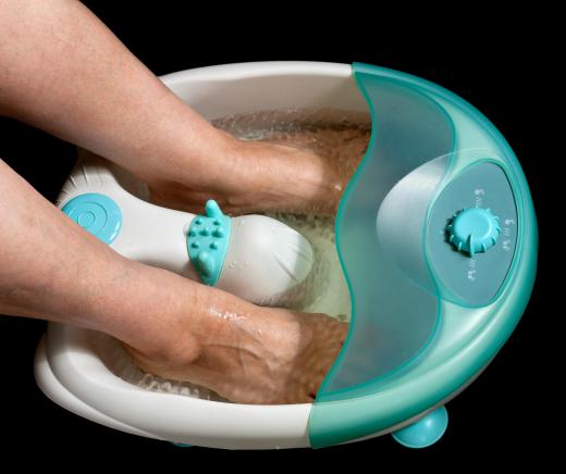 A foot spa can be used during a medicure treatment.