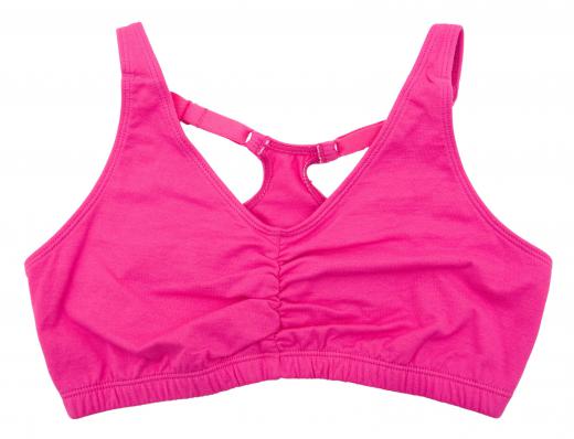 A sports bra, designed to support the breasts while in motion.