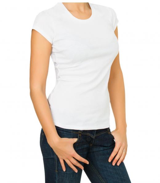 A woman wearing a modern t-shirt.